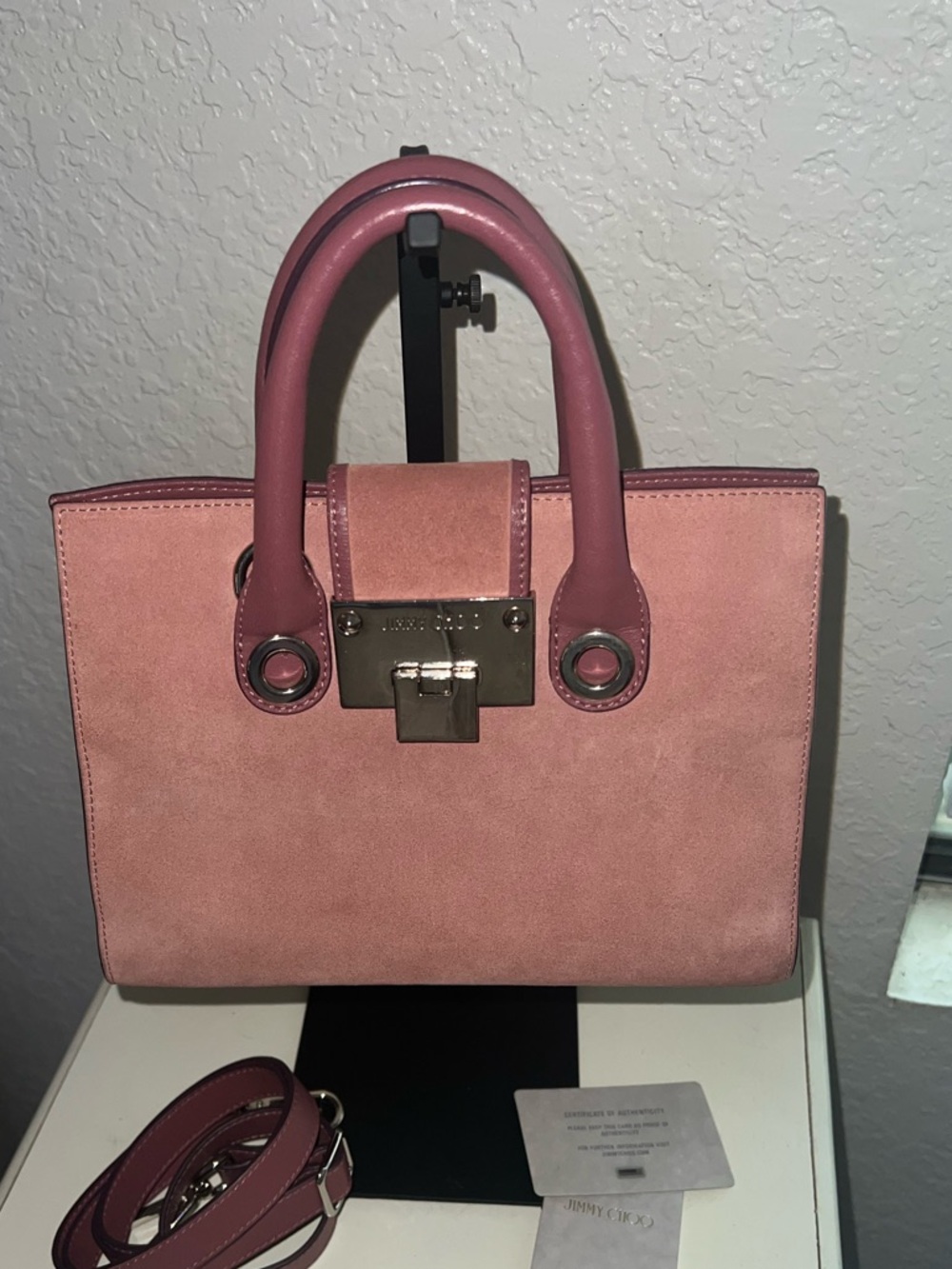 Jimmy Choo Women’s Suede Handbag with Crossbody in Dusty Pink